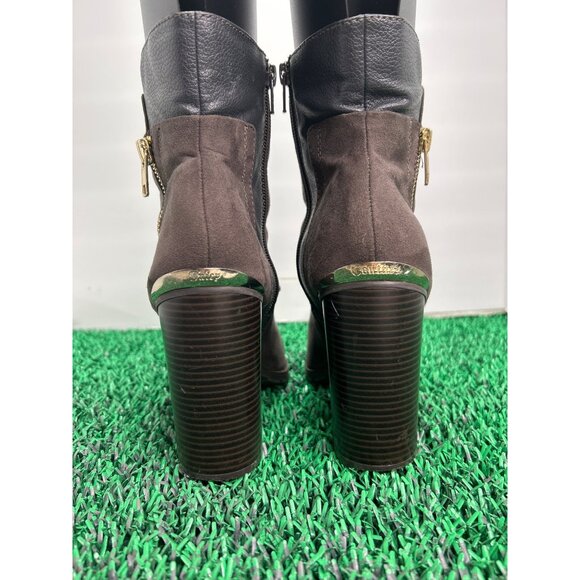 Juicy Couture Suede Ankle Boots Block Heel Gold Zipper Accents Booties size 8.5 - Picture 4 of 7